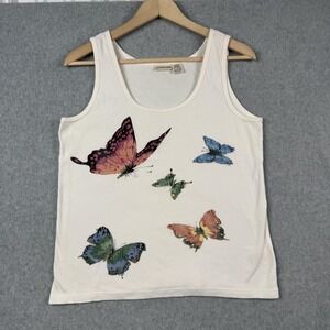 Vintage St Johns Bay Tank Womens L White Ribbed Butterfly Beaded Y2K 90s Graphic